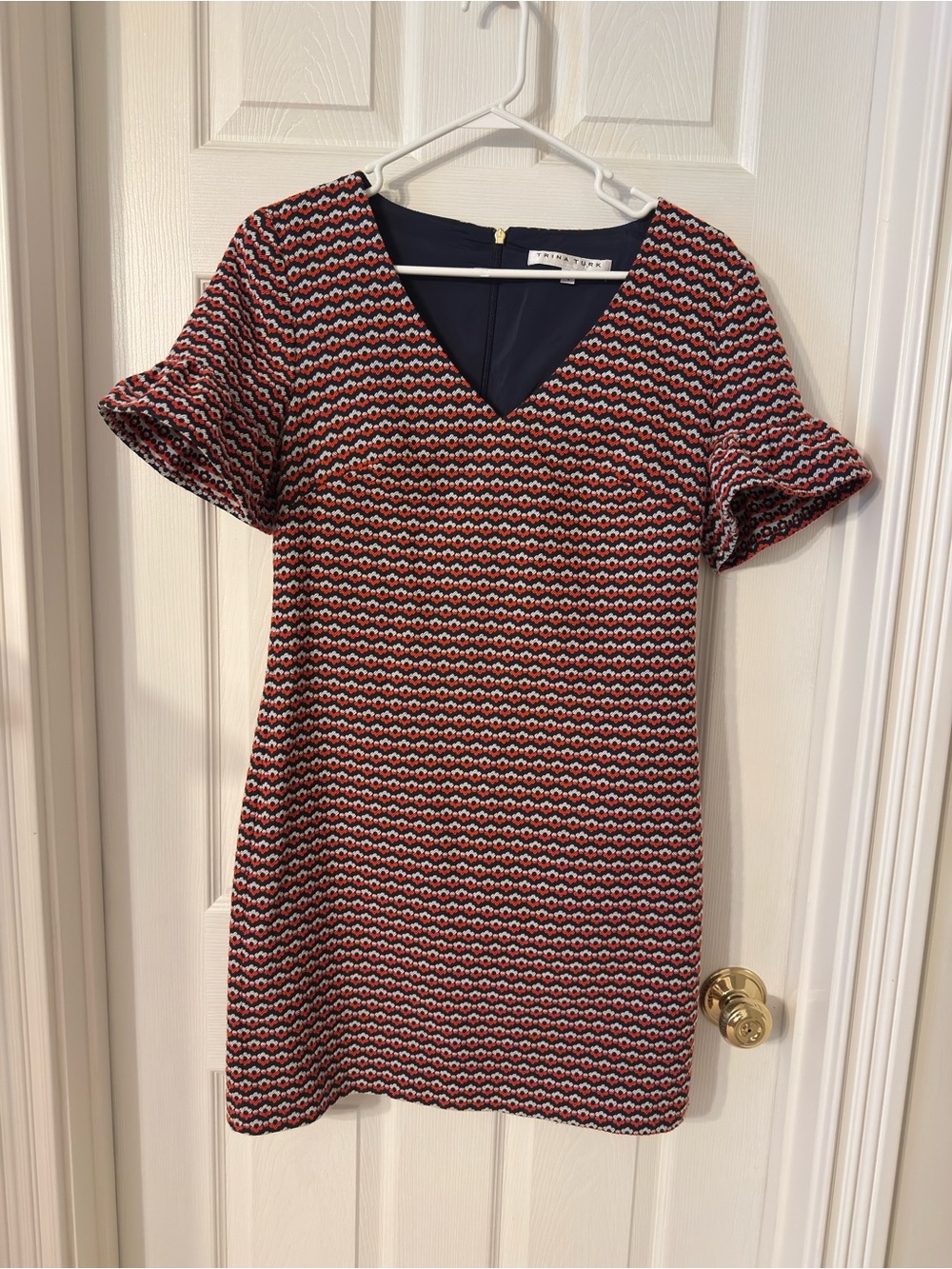 Trina Turk Aneesha Tweed Lined Retro Ruffle Navy Coral Shift Dress Size 4